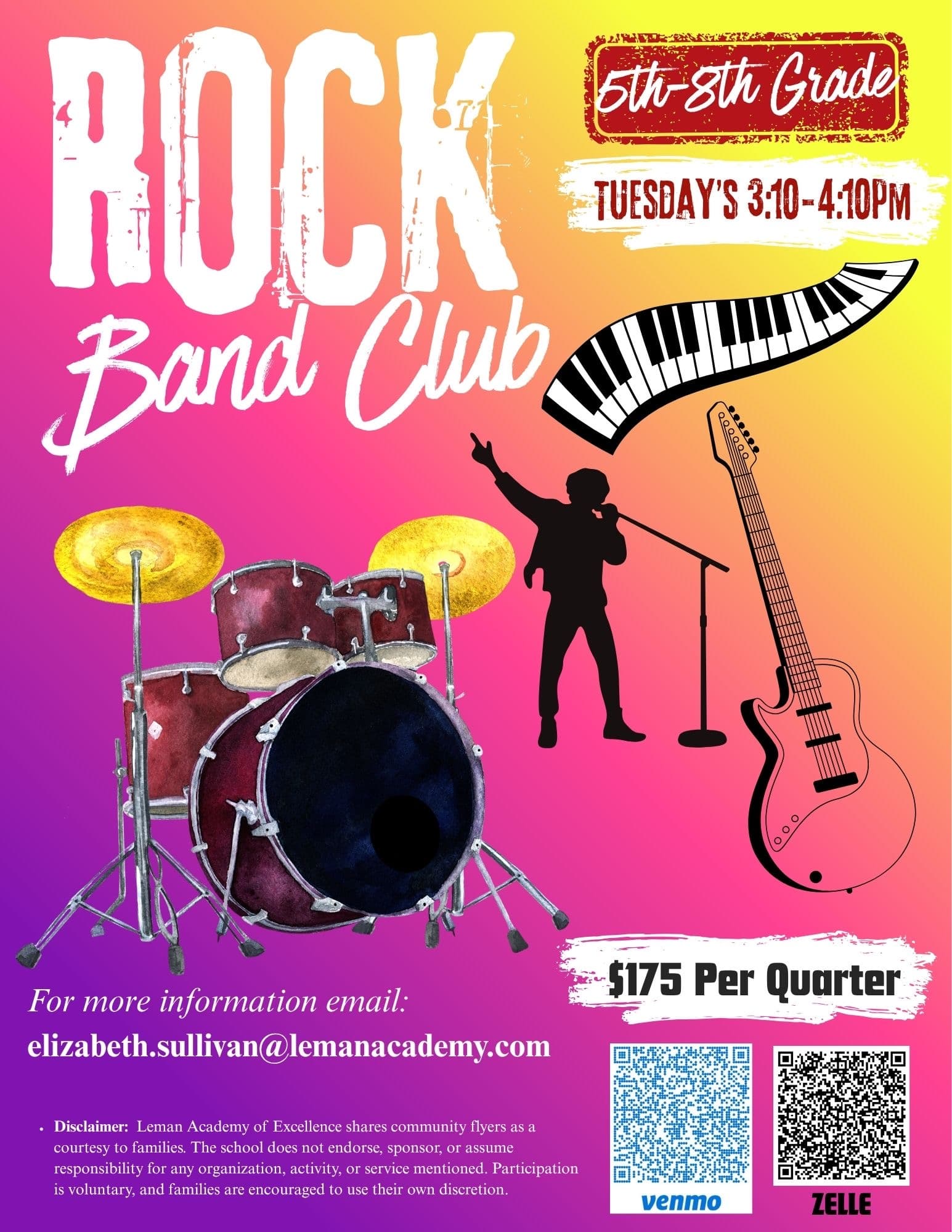Rock Band Club flyer with grade, schedule, price, and contact information
